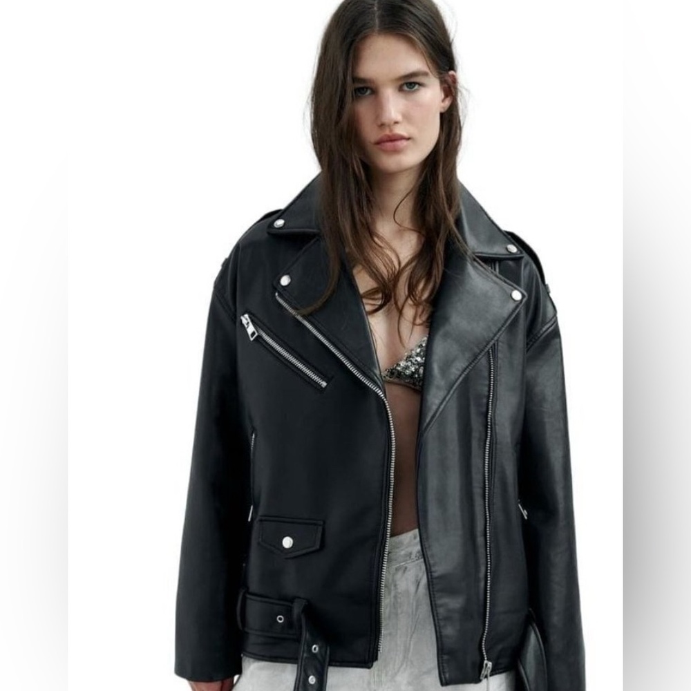 Zara Women's Oversized Black Faux Leather Jacket Size XL NWT